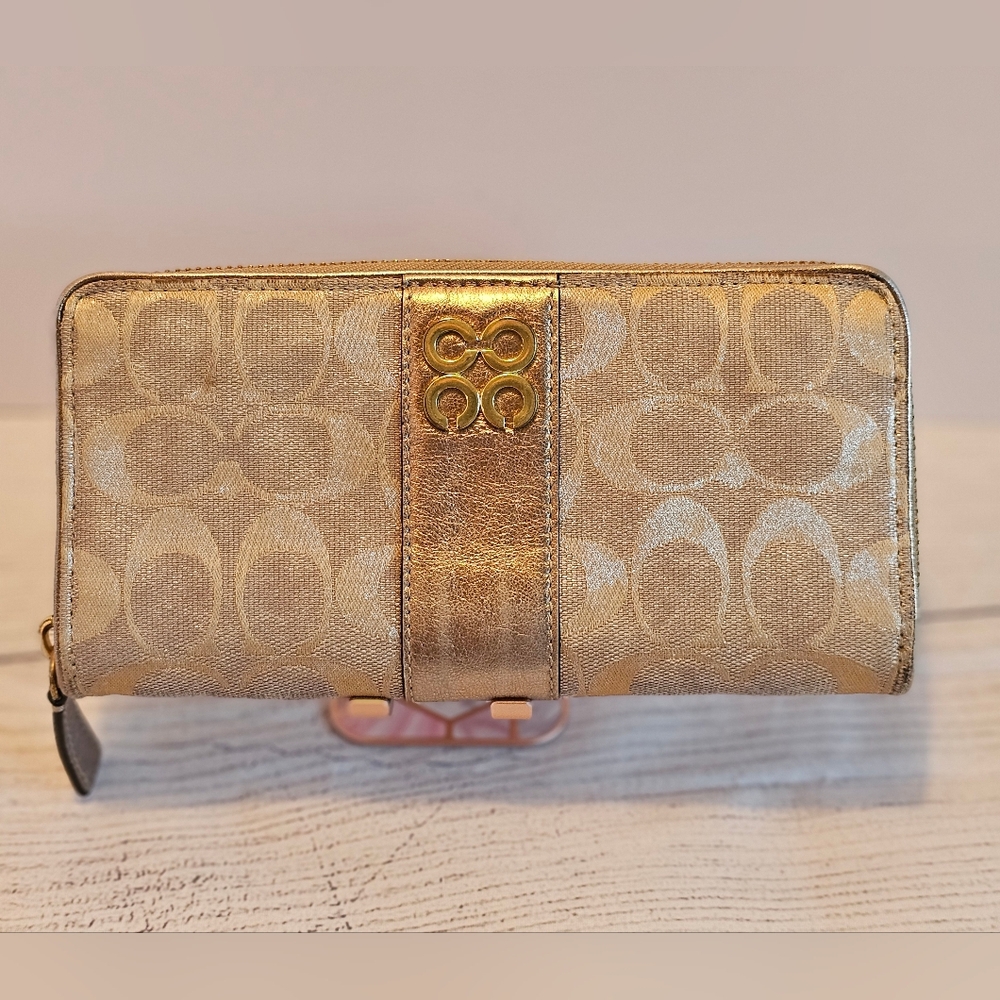 Coach Metallic Gold & Tan Signature Stripe Zip Around Canvas Wallet